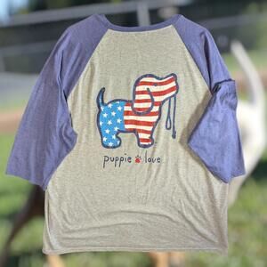 Puppie Love Save Rescue Raglan 2XL Tee Patriotic Puppy Dog Bed White Blue USA